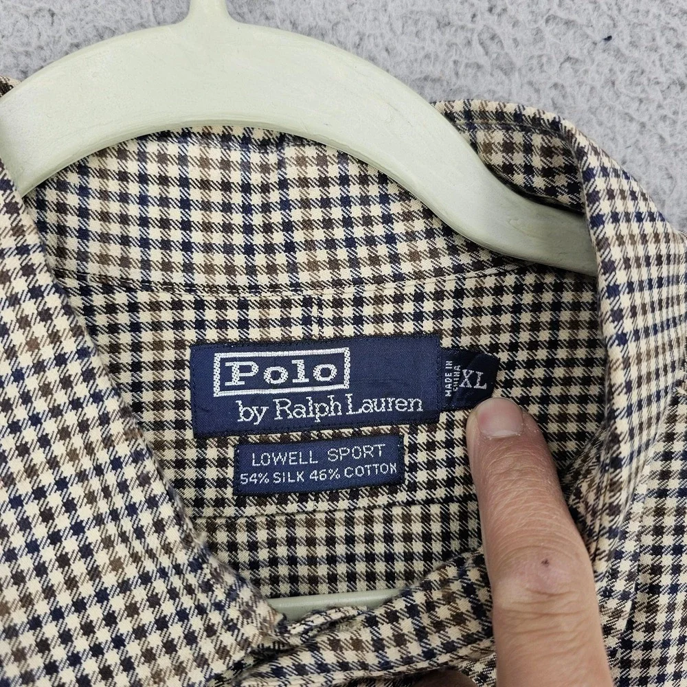 Polo Ralph Lauren Lowell Sport‎ Shirt Mens XL Beige Check Silk Cotton Button Up